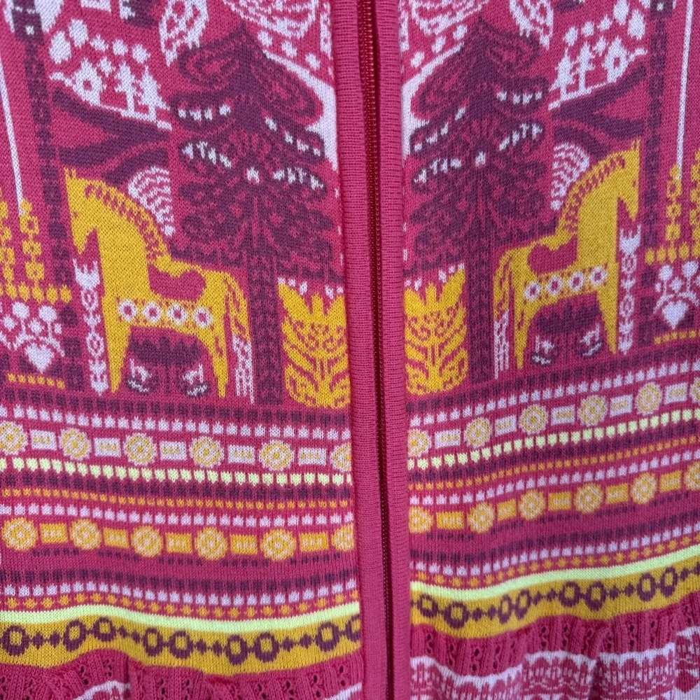 KOOI Knit Vibrant Red Orange Patterned Cardigan Nordic Fair Isle Zip Cotton - Picture 8 of 16